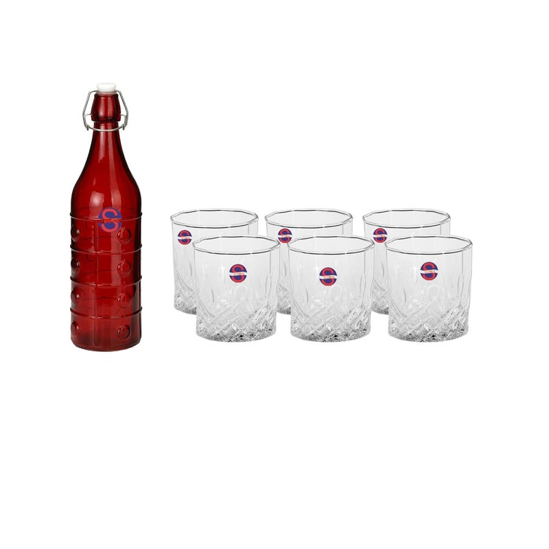 Somil Glass and Bottle Water Other Hot Cold Beverage Serving Set for Home Bar Restaurant 6 Glasses 1 Lt Bottle Red Transparent - Image 1
