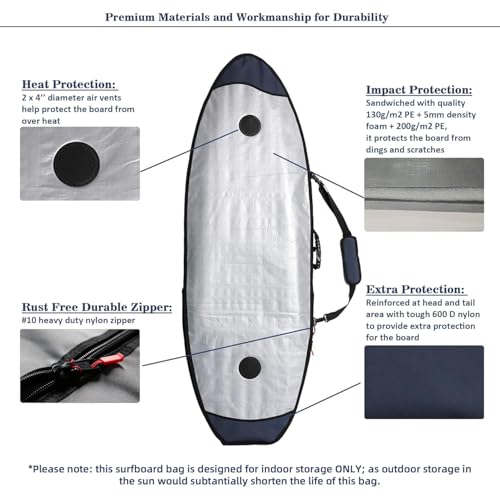 Abahub Premium 6'0 x 22 Surfboard Travel Bag, Foam Padded Surf Board Cover, Shortboard Carrying Bags for Surfing, Outdoor, Airplane, Car, Truck, DarkBlue… - Image 4