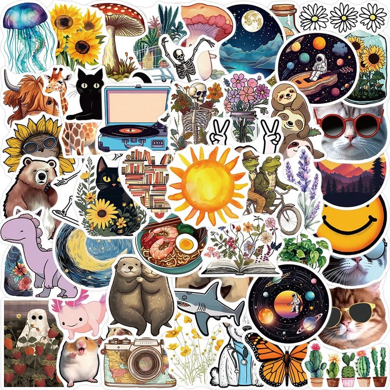 PIGBIT 50-Piece Cute & Artistic Nature Stickers - Waterproof Vinyl Animals, Flowers, Mushrooms, Galaxies, Retro Aesthetic Stickers for Laptops, Water Bottles, Scrapbooking - Image 1