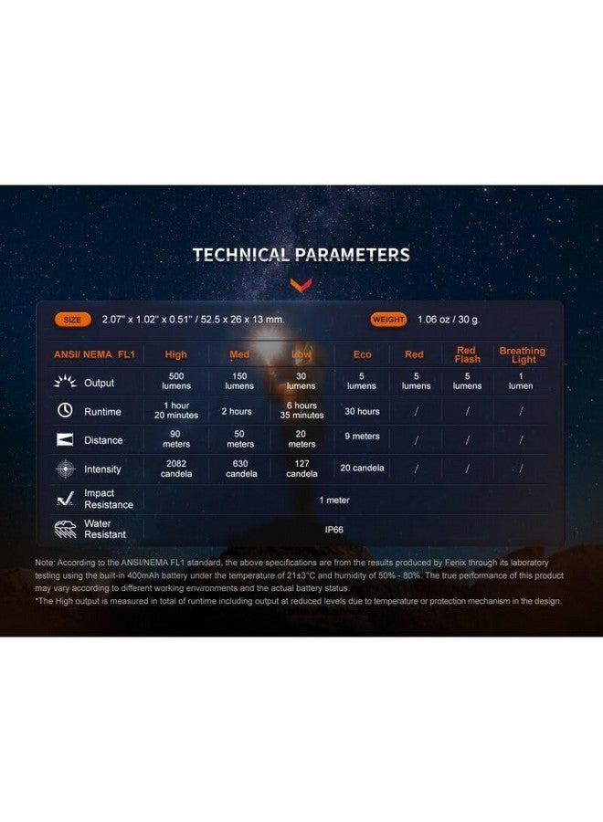 fenix فينيكس E03R v2.0 مصباح يدوي مع حلقة مفاتيح، رمادي، 500 لومن ساطع قابل لإعادة الشحن عبر USB-C مع LED أحمر (نيبولا) - Image 5