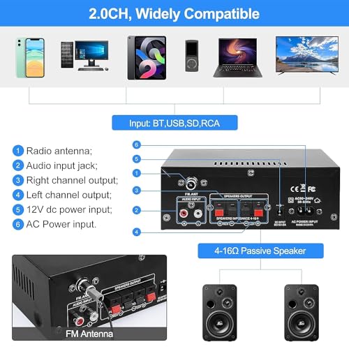 WOOPKER AK45 Pro Stereo Amplifier Home Audio, Stereo Receivers with Bluetooth 5.0,Max 400W, 2.0 Channel Audio Receiver for Home Theater Speakers w/USB/SD/RCA/2 MIC in for Karaok - Image 3