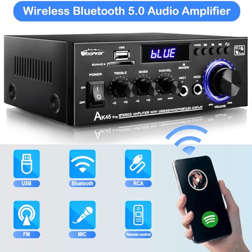 WOOPKER AK45 Pro Stereo Amplifier Home Audio, Stereo Receivers with Bluetooth 5.0,Max 400W, 2.0 Channel Audio Receiver for Home Theater Speakers w/USB/SD/RCA/2 MIC in for Karaok - Image 4