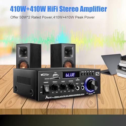 WOOPKER AK45 Pro Stereo Amplifier Home Audio, Stereo Receivers with Bluetooth 5.0,Max 400W, 2.0 Channel Audio Receiver for Home Theater Speakers w/USB/SD/RCA/2 MIC in for Karaok - Image 2