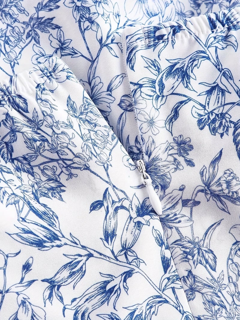 1pc Blue Vintage Blue And White Porcelain Double-Tiered Hem Dress - Image 4