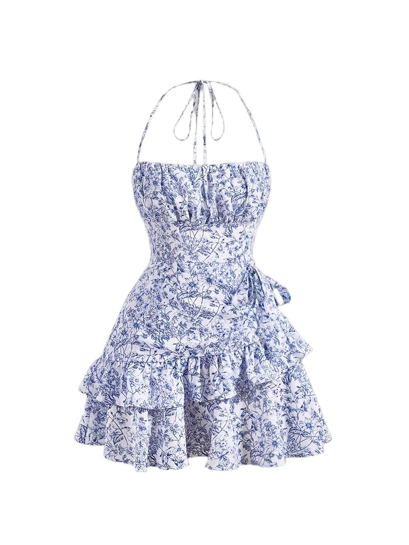 1pc Blue Vintage Blue And White Porcelain Double-Tiered Hem Dress - Image 1