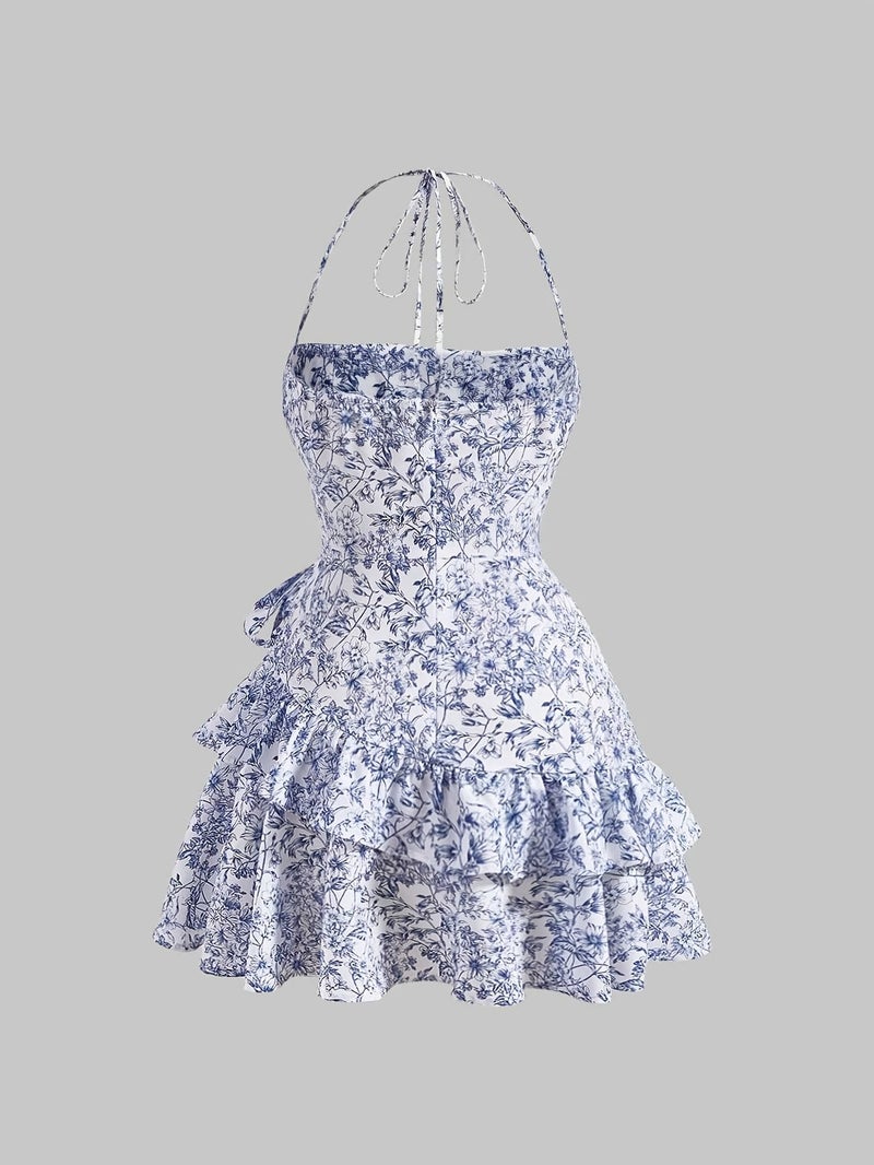 1pc Blue Vintage Blue And White Porcelain Double-Tiered Hem Dress - Image 2