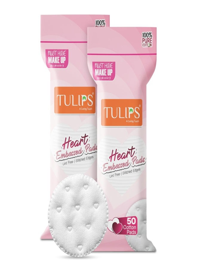 Tulips Cotton Pads Heart Embossed I Lint Free I Stitched Edges I 50 Cotton Pads in a Ziplock Bag (Pack of 2) Best for Applying & Removing Makeup, Pre makeup cleansing, safe for sensitive Skin - Image 1