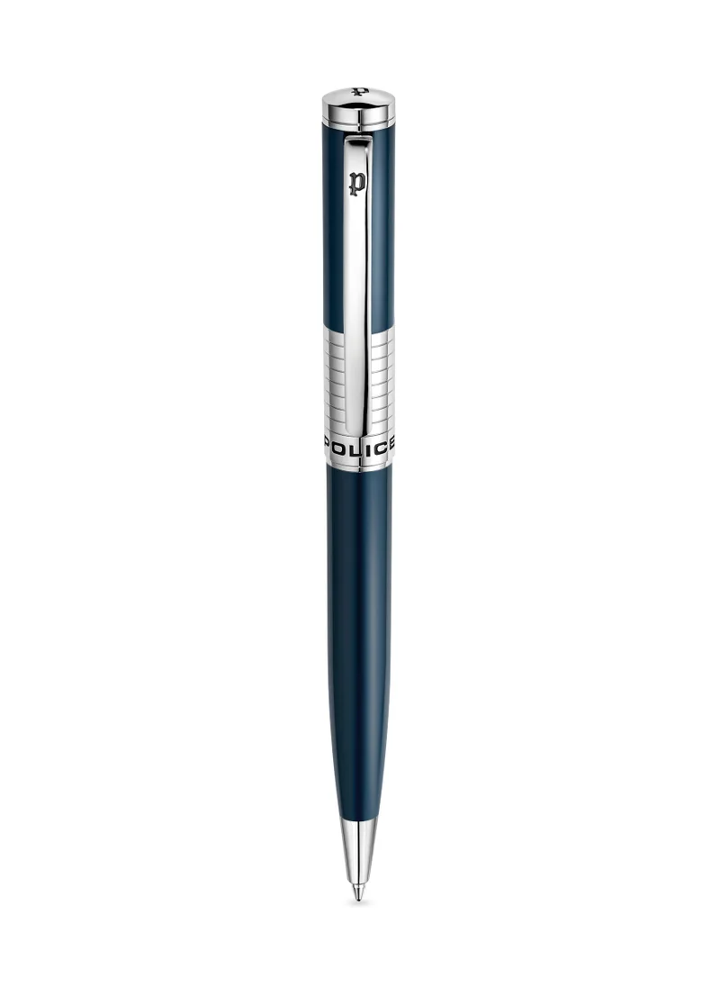 POLICE Meiryo Blue Stainless Steel Textured Pen with Silver Trims and Blue Ink