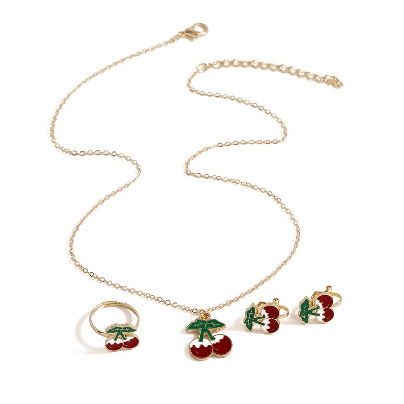 Alloy Cherry Necklace Earrings Kids Ring Jewelry Set 1 cherry alloy Necklace, 1 pair of ear clips, 1 ring