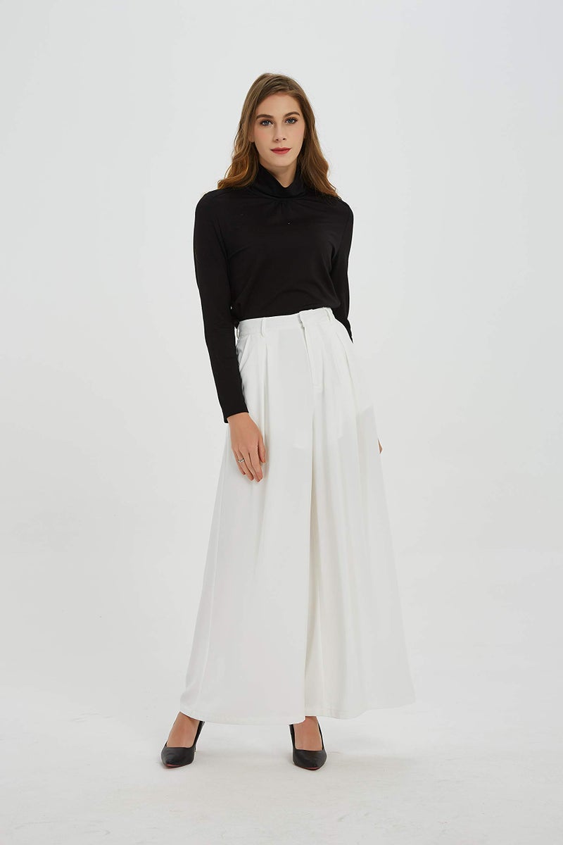 Tronjori Women High Waist Casual Wide Leg Long Palazzo Pants Trousers Regular Size(M, Ivory White Short) - Image 2