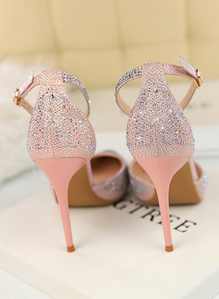 BIGTREE 10cm Women's Sandals With Sparkling Rhinestones With High Heels And Shallow Cut Points Pink - Image 2