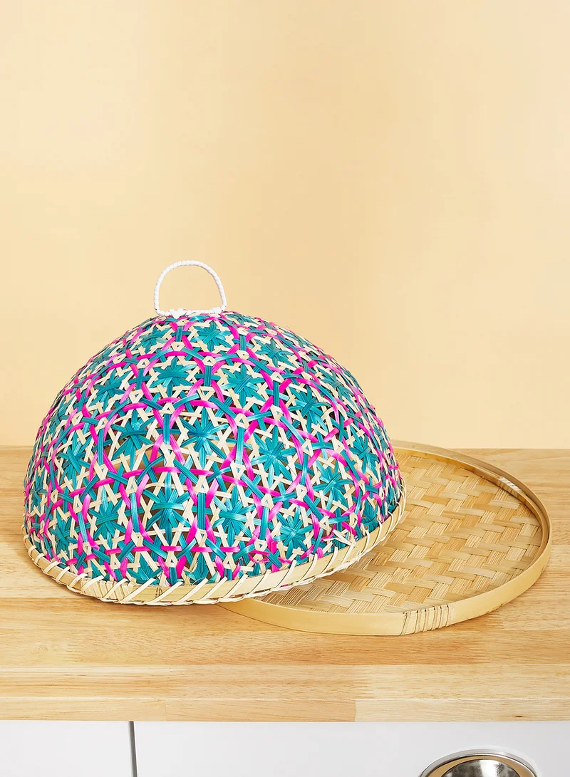 Ayra Food Cover Tray Rattan light blue and pink