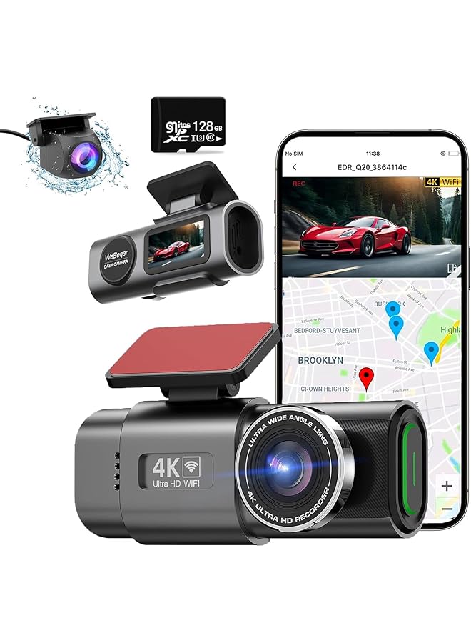 لينجي كاميرا Linjie Dash Cam 4K، لوحة قيادة مزدوجة أمامية 4K/2.5K وخلفية 1080P، نظام تحديد المواقع العالمي (GPS) مدمج، شاشة 1.47 بوصة، كاميرا قيادة UHD 2160P 30 إطارًا في الثانية، مع تطبيق، زاوية واسعة 170 درجة، رؤية ليلية، شاشة مراقبة لركن السيارة، مستشعر G، بطاقة SD 128 جيجابايت، منفذ USB C - Image 1