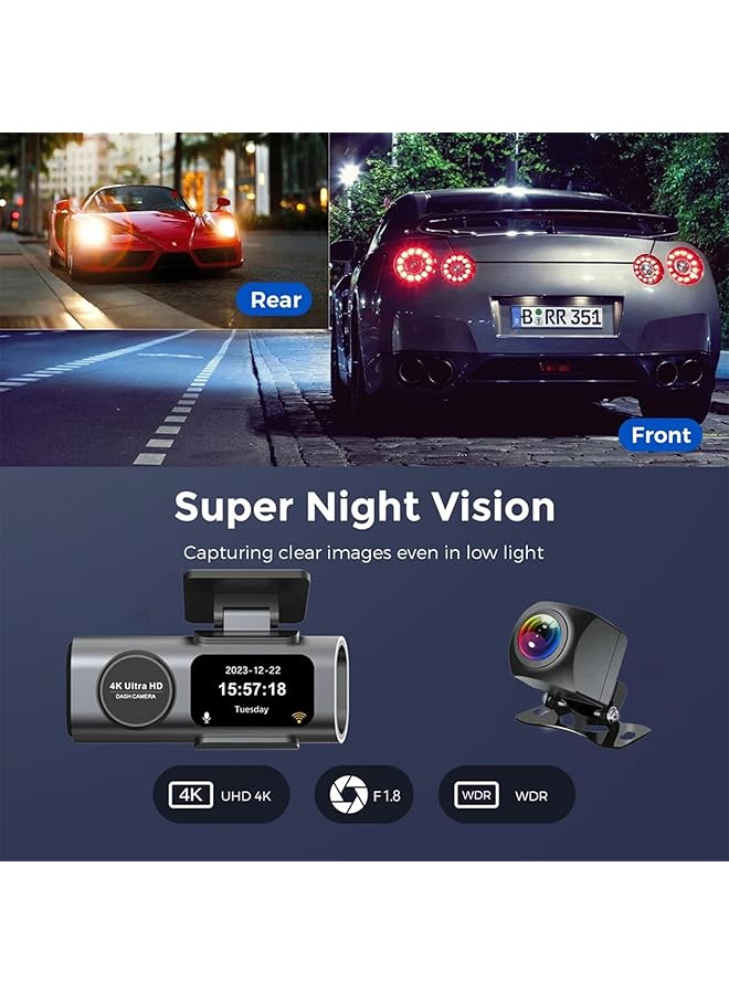 لينجي كاميرا Linjie Dash Cam 4K، لوحة قيادة مزدوجة أمامية 4K/2.5K وخلفية 1080P، نظام تحديد المواقع العالمي (GPS) مدمج، شاشة 1.47 بوصة، كاميرا قيادة UHD 2160P 30 إطارًا في الثانية، مع تطبيق، زاوية واسعة 170 درجة، رؤية ليلية، شاشة مراقبة لركن السيارة، مستشعر G، بطاقة SD 128 جيجابايت، منفذ USB C - Image 3