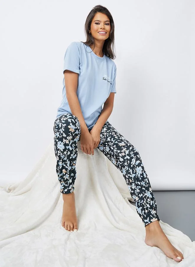 Styli Slogan Print T-Shirt & AOP Cuffed Pyjama Set