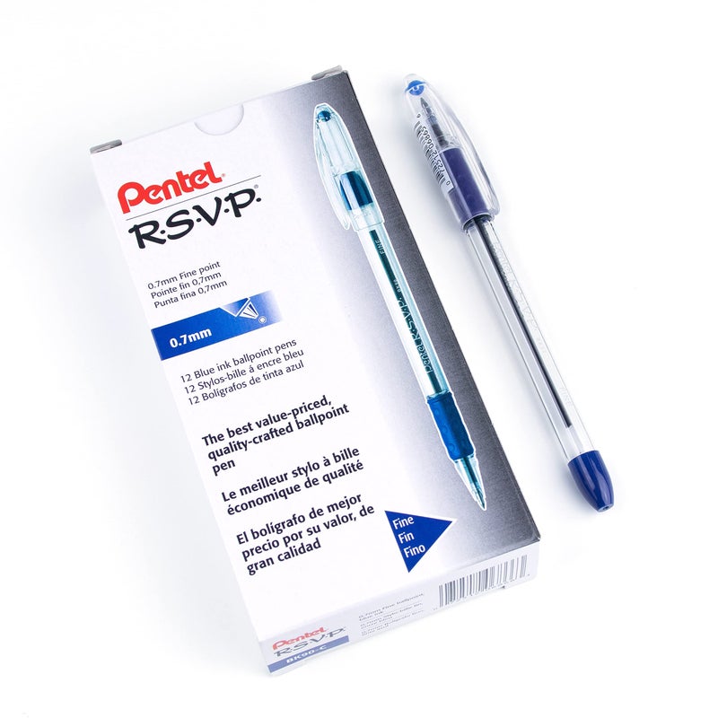 Pentel® R.S.V.P.® Ballpoint Pens, Fine Point, 0.7 mm, Clear Barrel, Blue Ink, Pack of12 - Image 1