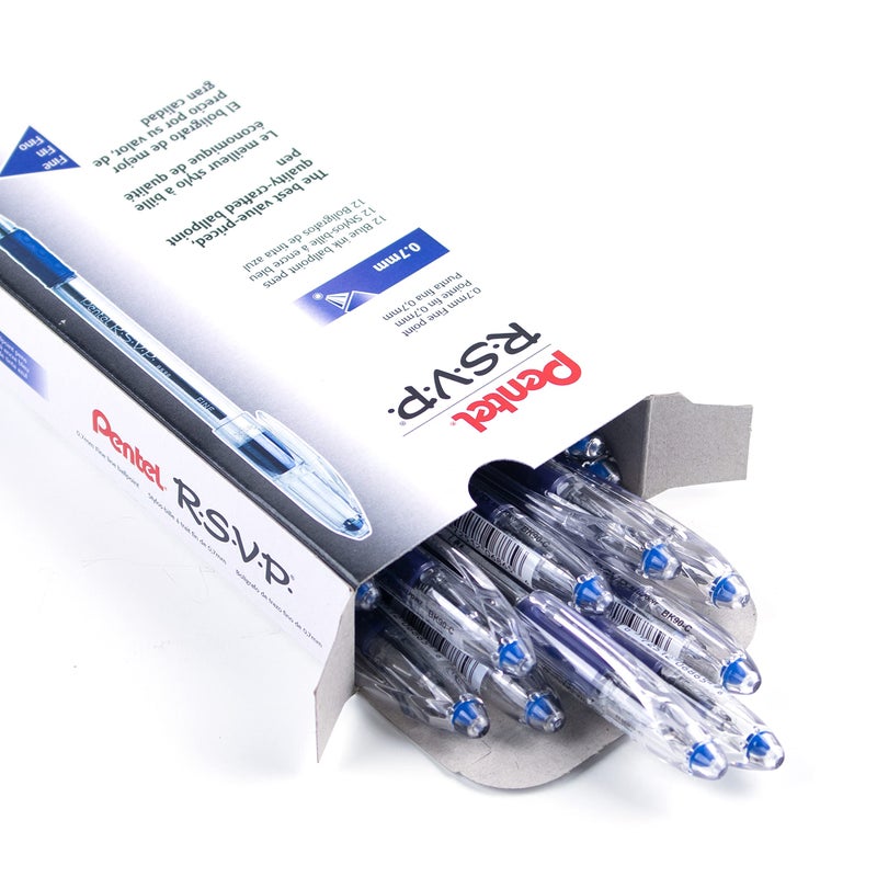 Pentel® R.S.V.P.® Ballpoint Pens, Fine Point, 0.7 mm, Clear Barrel, Blue Ink, Pack of12 - Image 3