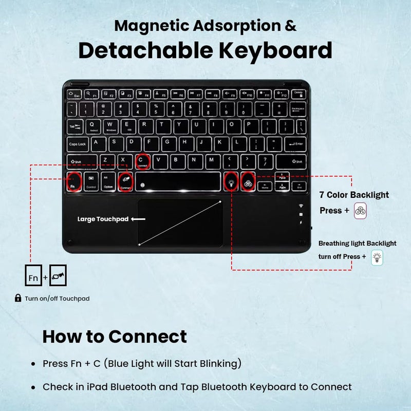 TECPHILE Keyboard Case for Honor Pad X9 11.5” Back Cover with Multi-Gesture Touchpad, 7 Color Backlit, Pencil Holder, Detachable Bluetooth Keyboard Protective Folio Shockproof, Auto Sleep Mode - Image 5