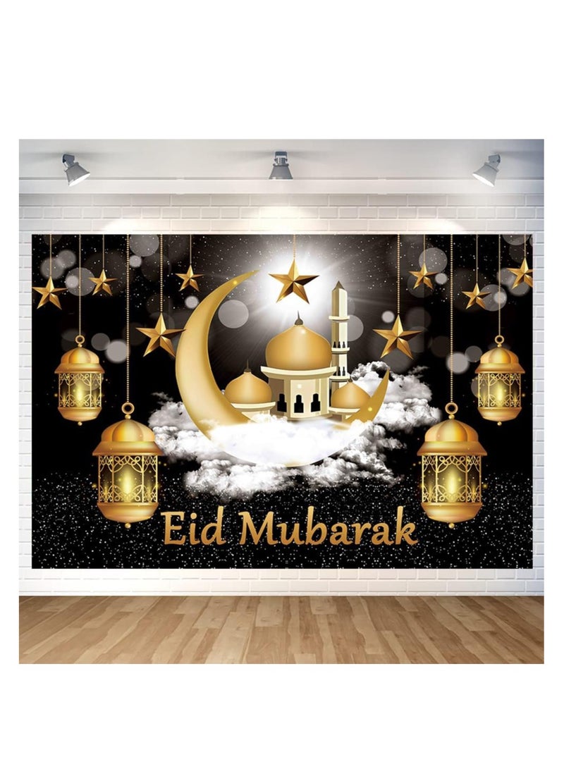 Ramadan Mubarak Backdrop Ramadan Kareem Banner Eid Mubarak Photography Background for Home Decorations Ramadan Party Supplies 180cm×110cm (Black Gold) - Image 1