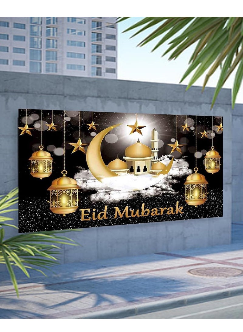 Ramadan Mubarak Backdrop Ramadan Kareem Banner Eid Mubarak Photography Background for Home Decorations Ramadan Party Supplies 180cm×110cm (Black Gold) - Image 3