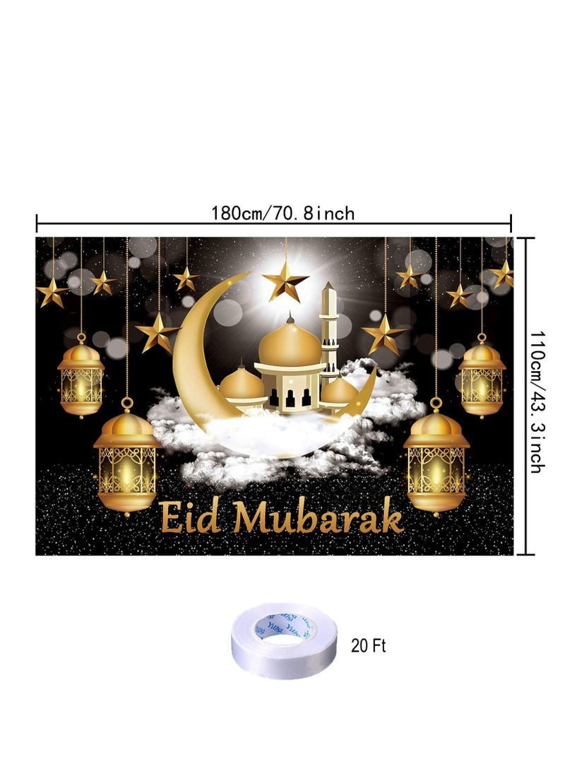 Ramadan Mubarak Backdrop Ramadan Kareem Banner Eid Mubarak Photography Background for Home Decorations Ramadan Party Supplies 180cm×110cm (Black Gold) - Image 2