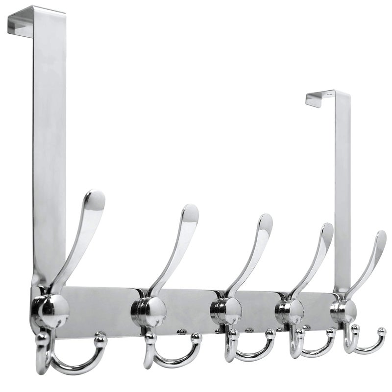 WEBI Over The Door Hook Door Hanger Hook Rack with 5 Tri Hooks for Hanging Coats, Over The Door Towel Rack Towel Hanger Door Coat Hanger Over Door Coat Rack for Bathroom,Behind Back of Door,Silver - Image 1
