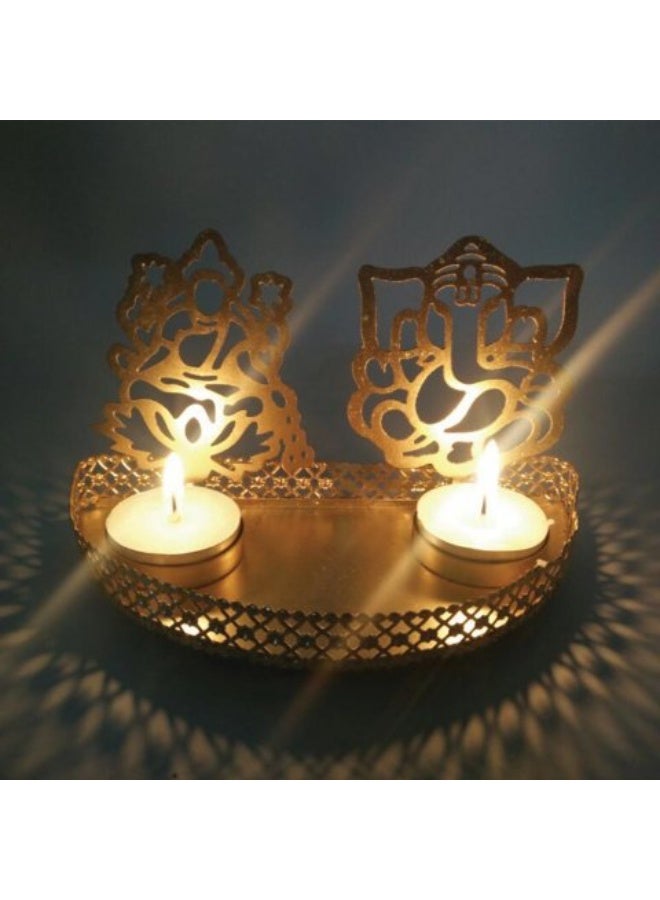 Shreeji Golden Metal Divine Shadow Ganesh and Lakshmi Diya || Tealight Candle Holder - Image 1
