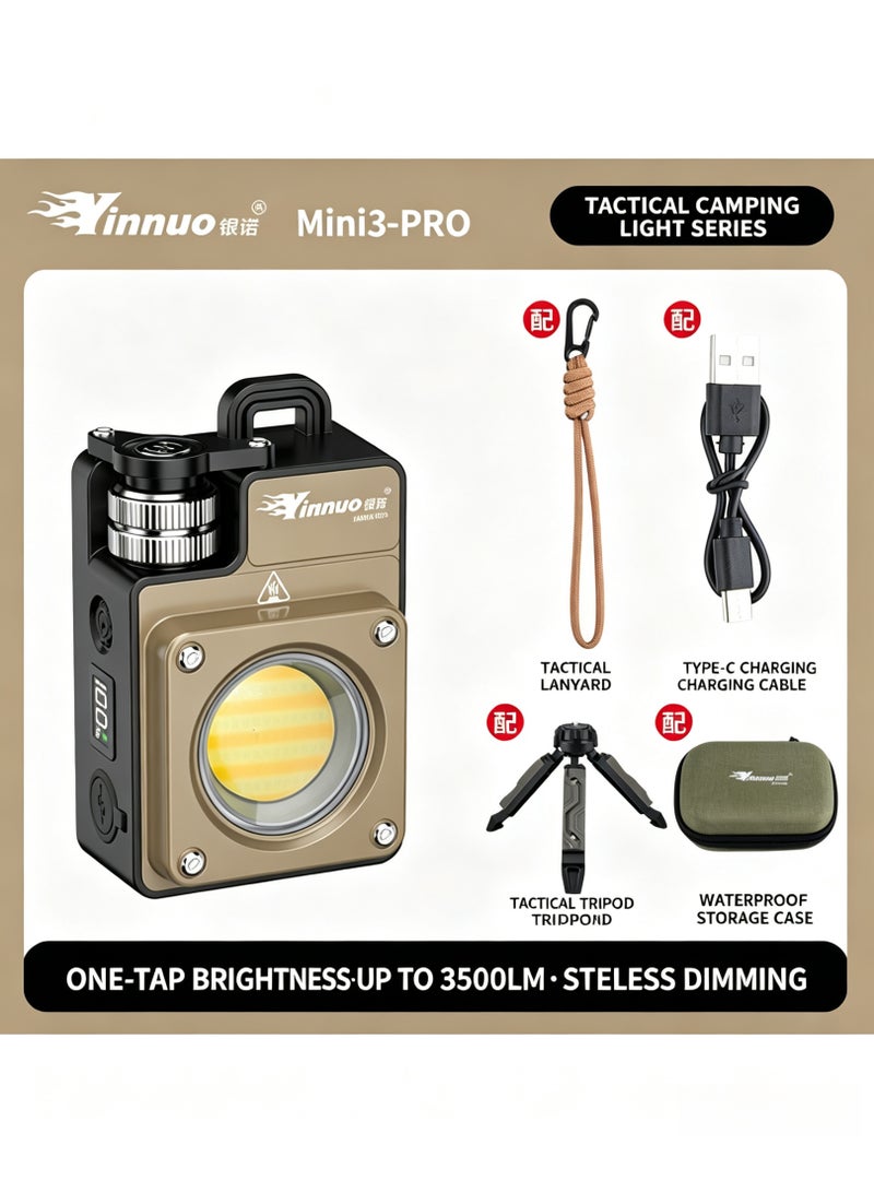 Mini3-PRO 3500LM Tactical Camping Light, Stepless Dimmable Mini LED Work Light, Type-C Rechargeable Portable Outdoor Flashlight Complete Kit with Tripod, Lanyard, Charging Cable & Waterproof Storage Case, Khaki