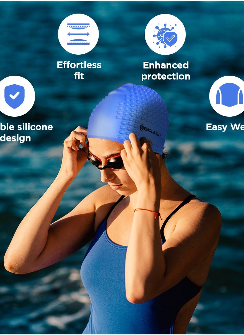 ENDLESS  Comfortable Silicon Swimming Cap with Ergonomic Ear Pockets | Fully Elastic Waterproof Cap for Long and Short Hair with Thicker Edge | For Women and Men  - Image 2