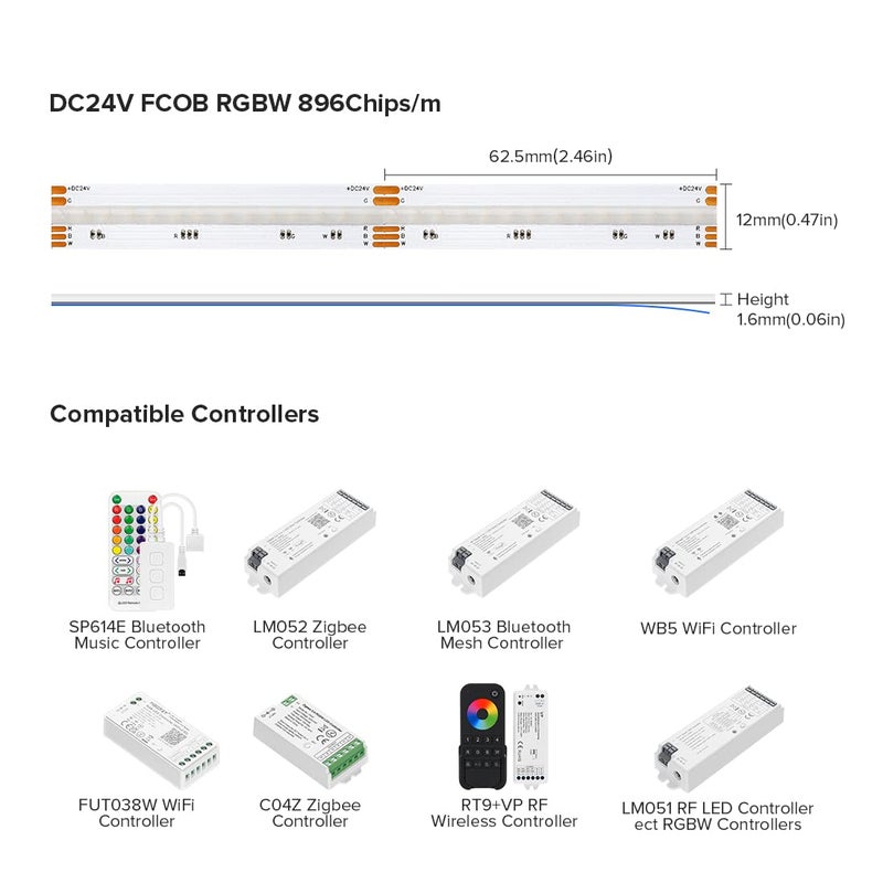 BTF-LIGHTING FCOB COB LED Strip RGBW 3000K 896LED/m 16.4FT DC24V Color Changing Flexible High Density Uniform Light 12mm Width for Home Indoor Decoration(No Adapter or Controller) - Image 5