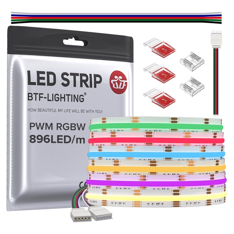BTF-LIGHTING FCOB COB LED Strip RGBW 3000K 896LED/m 16.4FT DC24V Color Changing Flexible High Density Uniform Light 12mm Width for Home Indoor Decoration(No Adapter or Controller) - Image 1