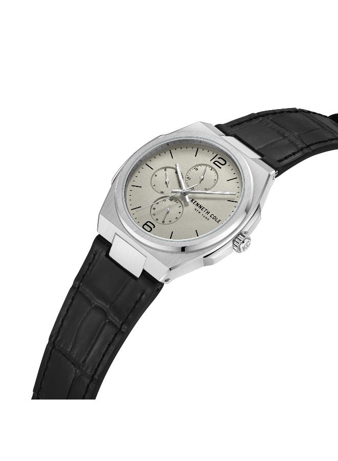Kenneth Cole New York Modern Dress Sport Warm Grey Dial Black Leather Strap Analog Watch for Men - 43mm - Image 2