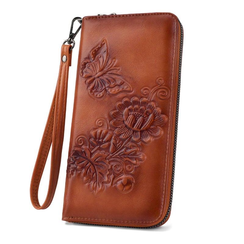 VIMUTI Womens Wallets Rfid Blocking Clutch Long Wallet for Women,Large Capacity Ladies Wallets with Card Slots and Phone Holder Embossed Flower Leather Travel Purse Wristlet Brown - Image 1