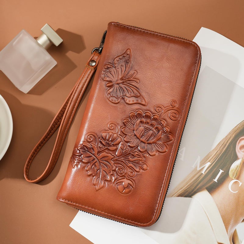 VIMUTI Womens Wallets Rfid Blocking Clutch Long Wallet for Women,Large Capacity Ladies Wallets with Card Slots and Phone Holder Embossed Flower Leather Travel Purse Wristlet Brown - Image 2