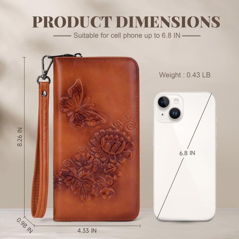 VIMUTI Womens Wallets Rfid Blocking Clutch Long Wallet for Women,Large Capacity Ladies Wallets with Card Slots and Phone Holder Embossed Flower Leather Travel Purse Wristlet Brown - Image 5