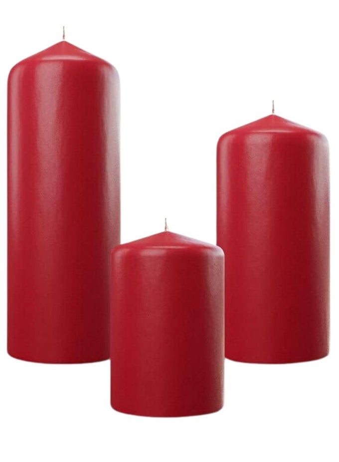 PREMIUM QUALITY UNSCENTED RED PILLAR CANDLES - LONG BURNING HOURS, DECORATIVE, SPA - DRIPLESS CLEAN BURNING DINNER CANDLE | DRIPLESS DECORATIVE CANDLES FOR HOME DECOR & RELAXATION | SET OF 3