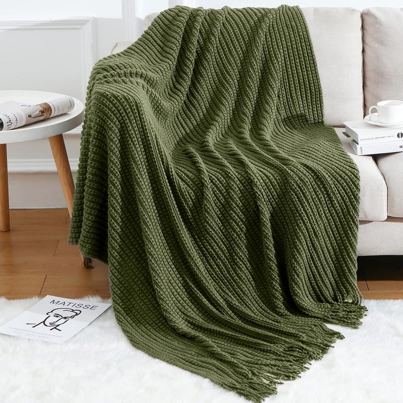 Blagic Knitted Throw Blanket for Couch Soft Farmhouse Boho Throw Blanket with Tassels Home Decorative Lightweight Throw BlanketsDark Green Throws for BedChairSofa Wheat Textured 50 W x 60 L