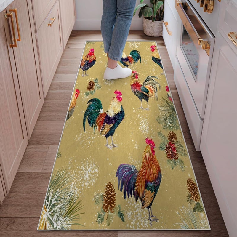 Rooster Runner Rug, Winter Rustic Pinecones Snowflakes Winter Gold Non-Slip Home Floor Rectangle Print Carpet for Kitchen Bathroom Entryway Bedside Decor 2x6 Ft - Image 1