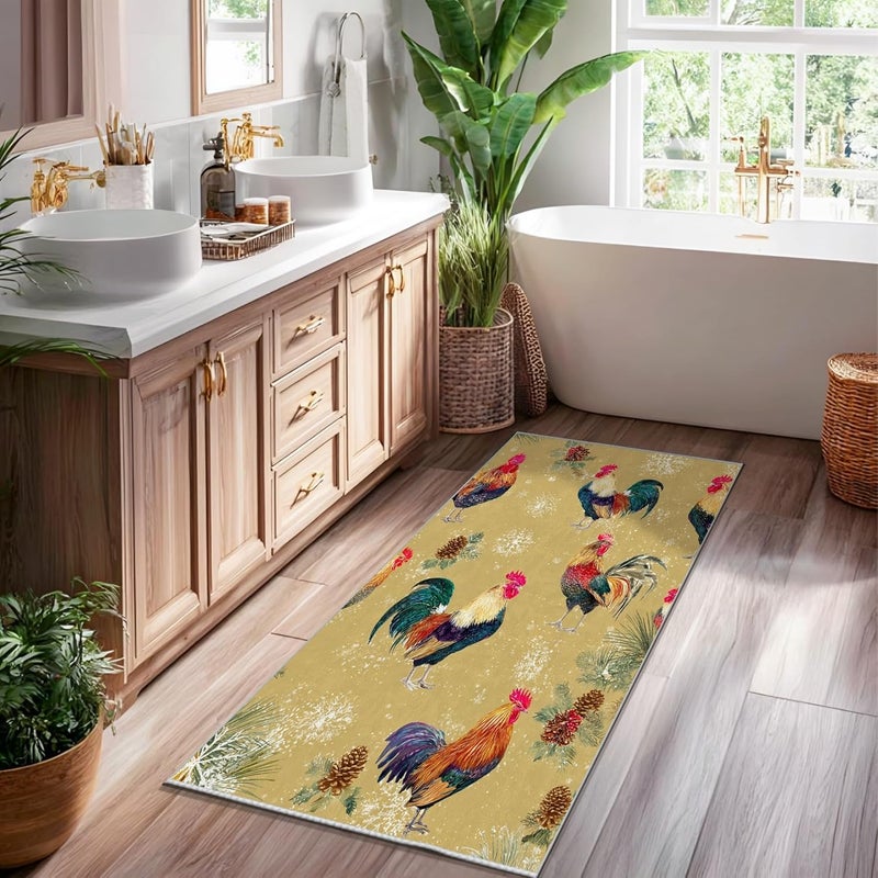 Rooster Runner Rug, Winter Rustic Pinecones Snowflakes Winter Gold Non-Slip Home Floor Rectangle Print Carpet for Kitchen Bathroom Entryway Bedside Decor 2x6 Ft - Image 5