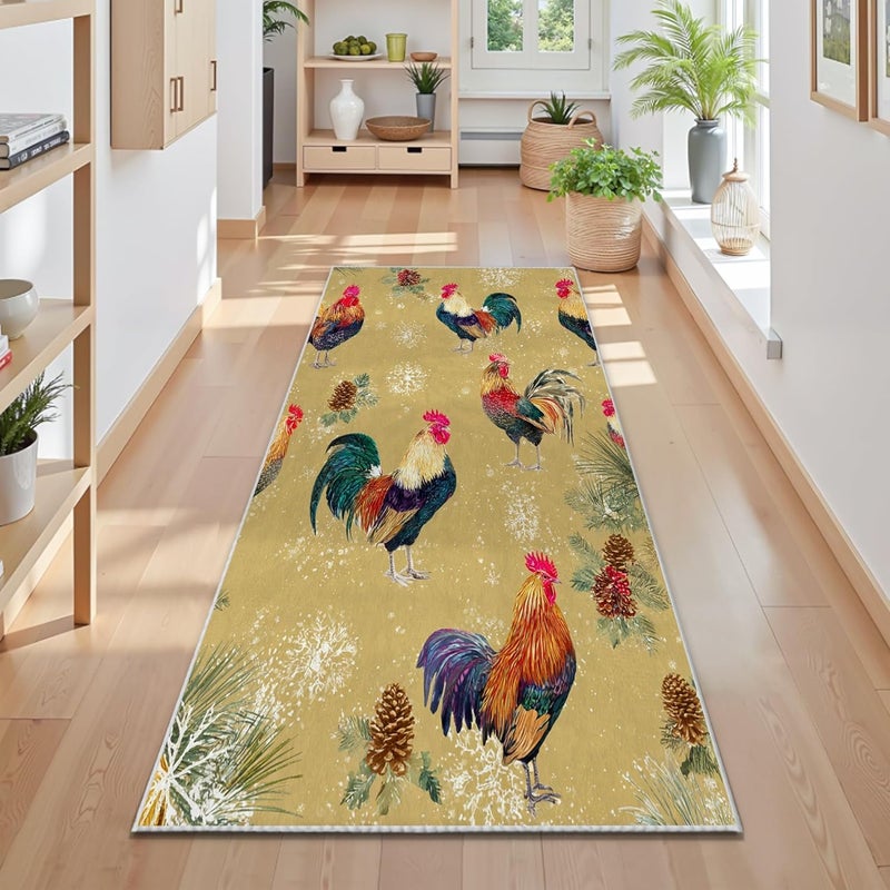 Rooster Runner Rug, Winter Rustic Pinecones Snowflakes Winter Gold Non-Slip Home Floor Rectangle Print Carpet for Kitchen Bathroom Entryway Bedside Decor 2x6 Ft - Image 4