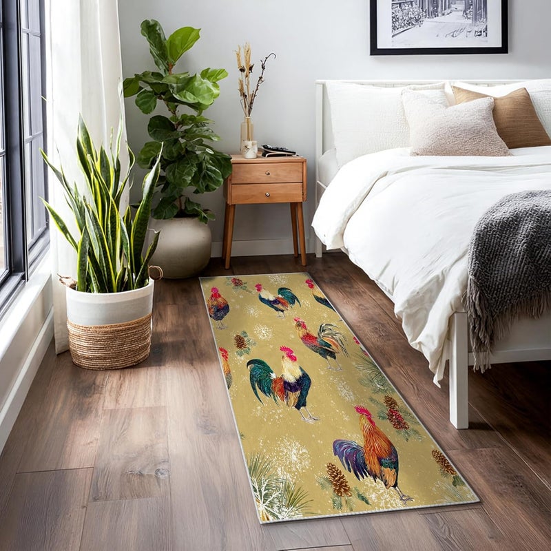 Rooster Runner Rug, Winter Rustic Pinecones Snowflakes Winter Gold Non-Slip Home Floor Rectangle Print Carpet for Kitchen Bathroom Entryway Bedside Decor 2x6 Ft - Image 3