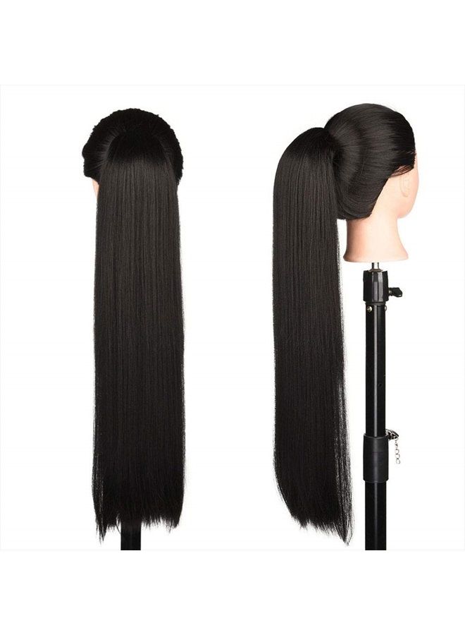 Myun 26 Inch(Can Be 28 Inch) Long Straight Hair Ponytail 2 Clips in Ponytail Hair Extensions Straight Hair Drawstring Ponytail For Ladies 130g/Piece Synthetic Hairpiece Ponytail Smooth &Soft Natural Black( - Image 2