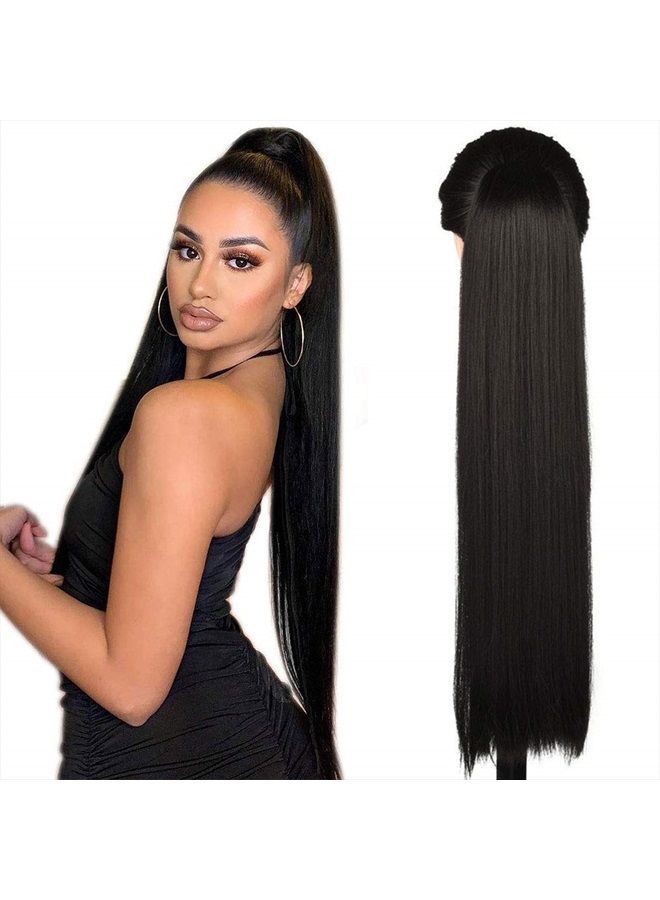 Myun 26 Inch(Can Be 28 Inch) Long Straight Hair Ponytail 2 Clips in Ponytail Hair Extensions Straight Hair Drawstring Ponytail For Ladies 130g/Piece Synthetic Hairpiece Ponytail Smooth &Soft Natural Black( - Image 1