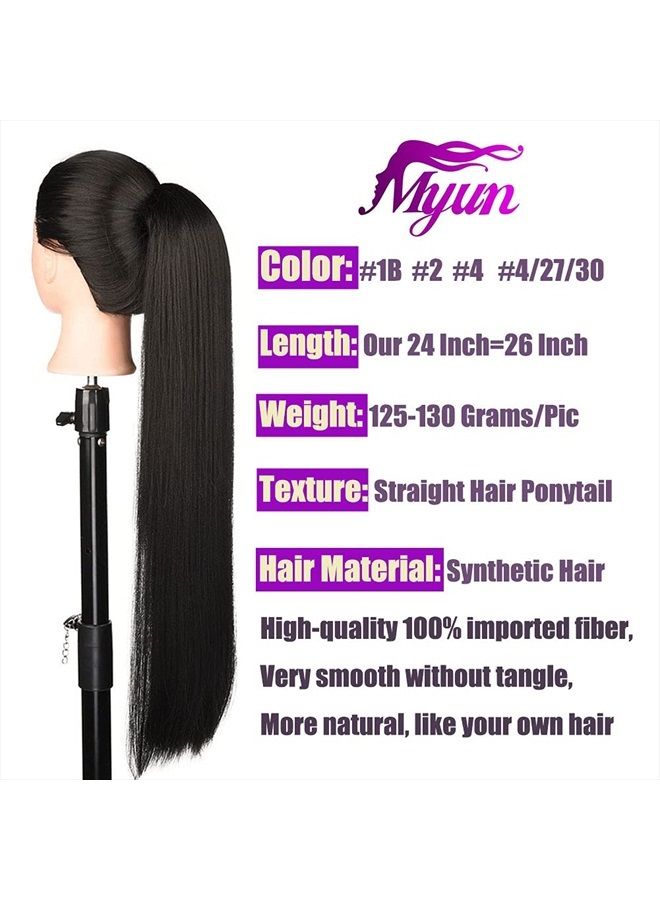 Myun 26 Inch(Can Be 28 Inch) Long Straight Hair Ponytail 2 Clips in Ponytail Hair Extensions Straight Hair Drawstring Ponytail For Ladies 130g/Piece Synthetic Hairpiece Ponytail Smooth &Soft Natural Black( - Image 3