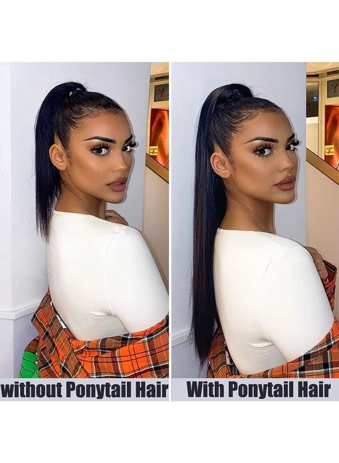 Myun 26 Inch(Can Be 28 Inch) Long Straight Hair Ponytail 2 Clips in Ponytail Hair Extensions Straight Hair Drawstring Ponytail For Ladies 130g/Piece Synthetic Hairpiece Ponytail Smooth &Soft Natural Black( - Image 4