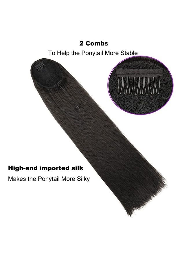 Myun 26 Inch(Can Be 28 Inch) Long Straight Hair Ponytail 2 Clips in Ponytail Hair Extensions Straight Hair Drawstring Ponytail For Ladies 130g/Piece Synthetic Hairpiece Ponytail Smooth &Soft Natural Black( - Image 5