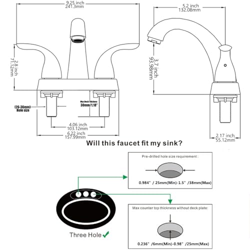 Phiestina Centerset 4 Inch Brushed Nickel 2 or 3 Holes Stainless Steel Bathroom Sink Faucet, 2 Handle Bathroom Faucet with Copper Pop Up Drain and Water Supply Lines, BF008-5-BN - Image 2