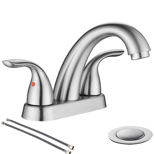 Phiestina Centerset 4 Inch Brushed Nickel 2 or 3 Holes Stainless Steel Bathroom Sink Faucet, 2 Handle Bathroom Faucet with Copper Pop Up Drain and Water Supply Lines, BF008-5-BN - Image 1