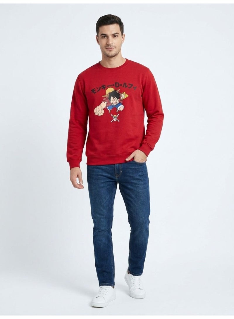 One Piece Men’s Anime Graphic Sweatshirt – Monkey D. Luffy Front & Back Print Red Crew Neck Pullover - Image 2