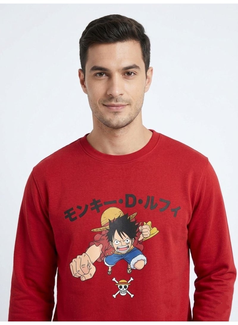 One Piece Men’s Anime Graphic Sweatshirt – Monkey D. Luffy Front & Back Print Red Crew Neck Pullover - Image 1